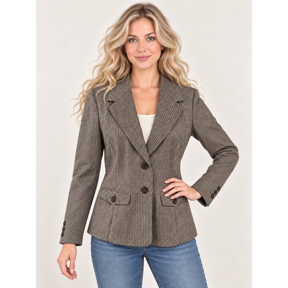 Liverpool Los Angeles Jackets & Blazers - Liverpool Los Angeles Camel Sand Stripe Peplum Stretch Blazer Medium